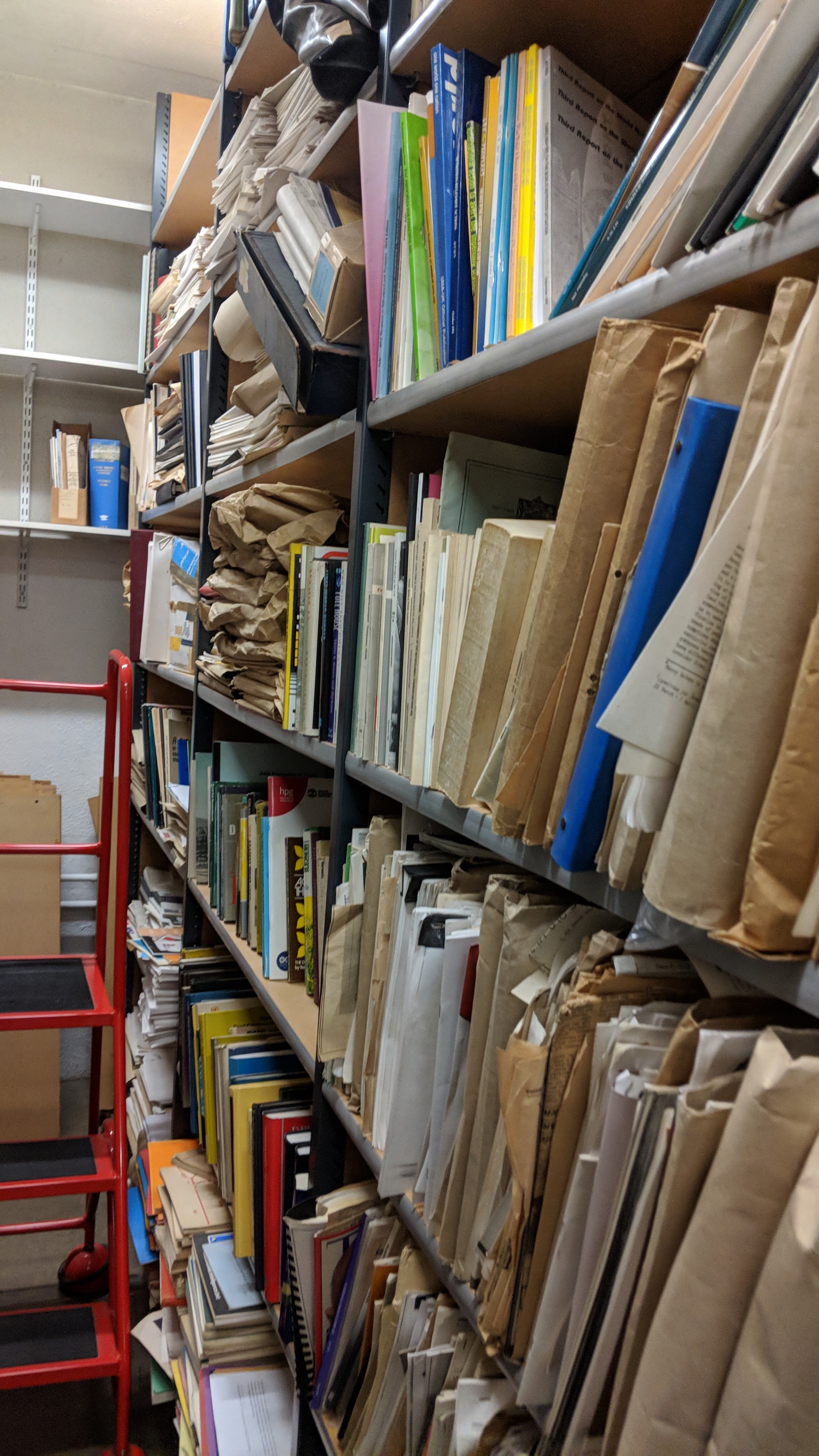 Shelves rammed full of pamphlets, documents, envelopes